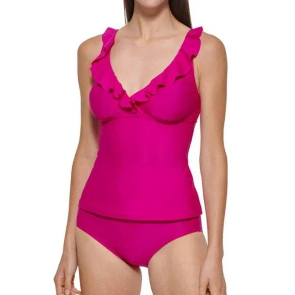 NEW DKNY V-Neck Ruffle Tankini Swimsuit Top Pink Large - Picture 4 of 8